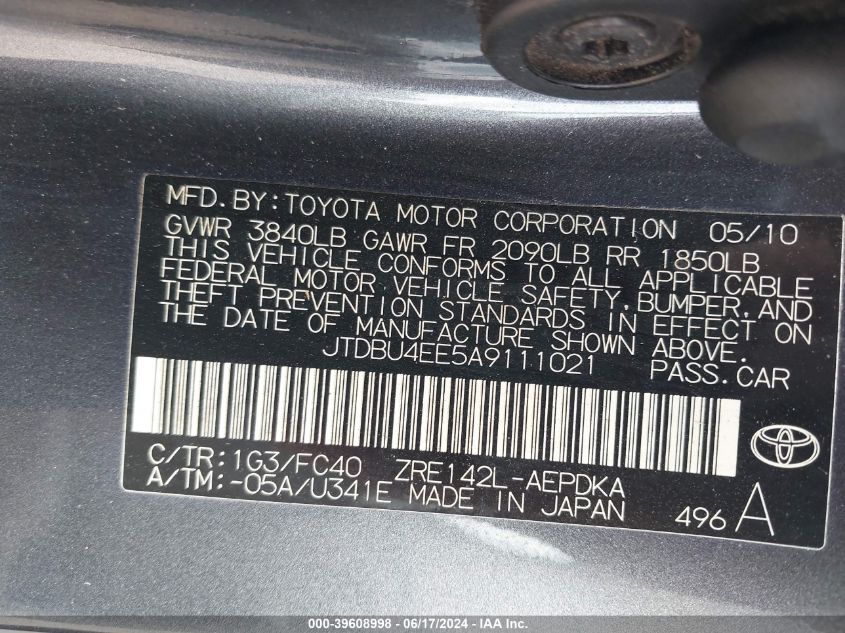 2010 Toyota Corolla S/Le/Xle VIN: JTDBU4EE5A9111021 Lot: 39608998