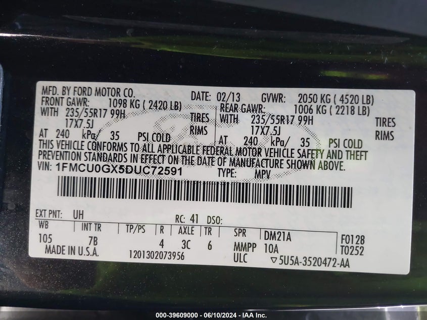 2013 Ford Escape Se VIN: 1FMCU0GX5DUC72591 Lot: 39609000