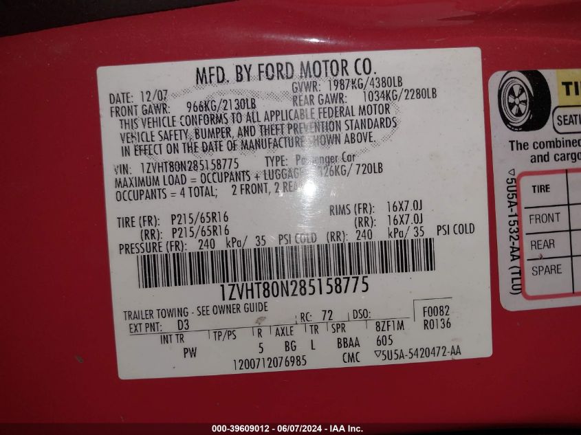 2008 Ford Mustang V6 Deluxe VIN: 1ZVHT80N285158775 Lot: 39609012