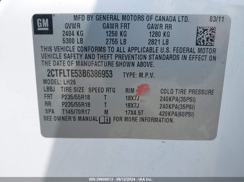 2011 GMC Terrain Sle-2 VIN: 2CTFLTE53B6386953 Lot: 39609013