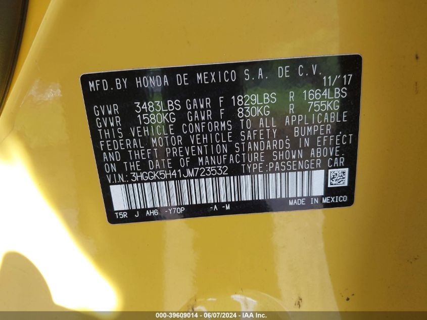 2018 Honda Fit Lx VIN: 3HGGK5H41JM723532 Lot: 39609014
