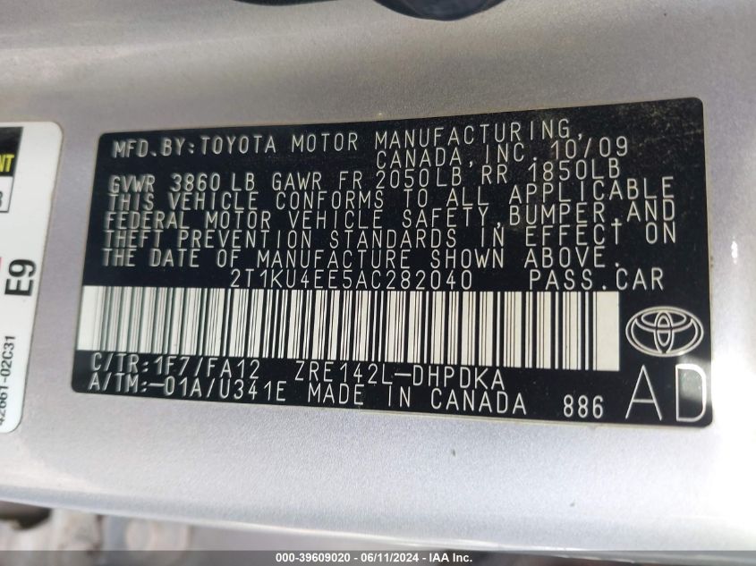 2010 Toyota Matrix VIN: 2T1KU4EE5AC282040 Lot: 39609020