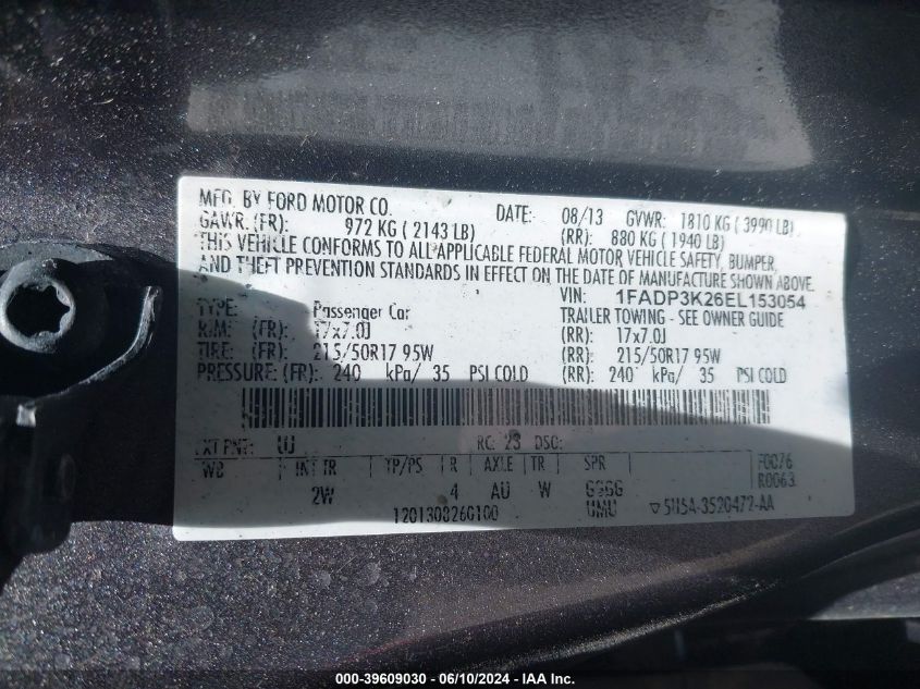 2014 Ford Focus Se VIN: 1FADP3K26EL153054 Lot: 39609030