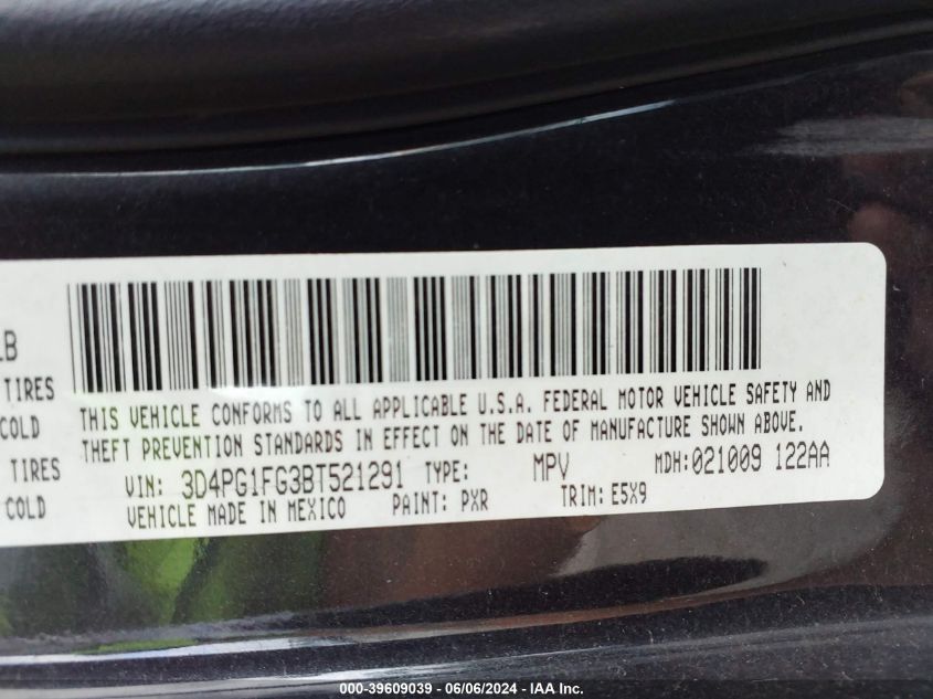 2011 Dodge Journey Mainstreet VIN: 3D4PG1FG3BT521291 Lot: 39609039