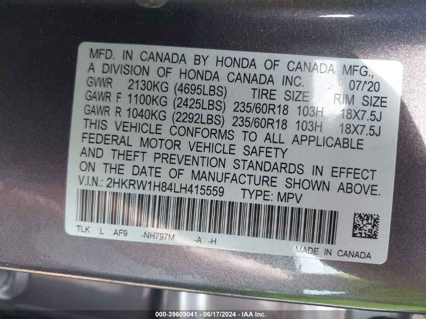 2020 Honda Cr-V 2Wd Ex-L VIN: 2HKRW1H84LH415559 Lot: 39609041