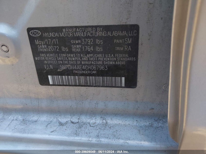 2012 Hyundai Elantra Gls VIN: 5NPDH4AE4CH067963 Lot: 39609049