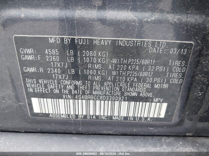 2013 Subaru Outback 2.5I Premium VIN: 4S4BRBCC8D3300921 Lot: 39609062