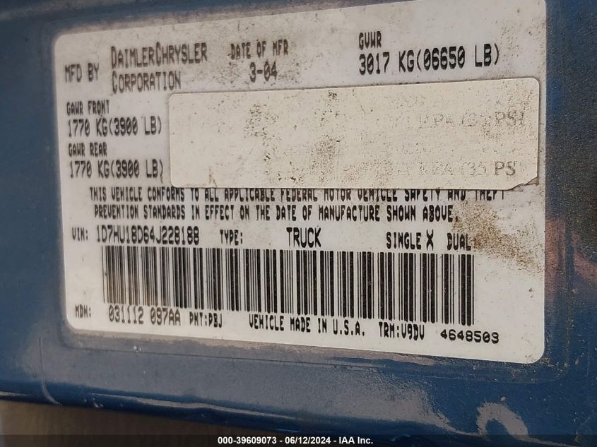 2004 Dodge Ram 1500 Slt/Laramie VIN: 1D7HU18D64J228188 Lot: 39609073