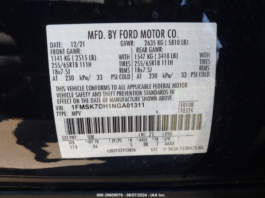 2022 Ford Explorer Xlt VIN: 1FMSK7DH1NGA01311 Lot: 39609076