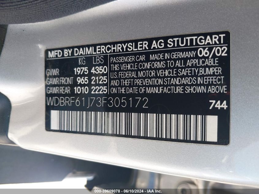 2003 Mercedes-Benz C 240 VIN: WDBRF61J73F305172 Lot: 39609078