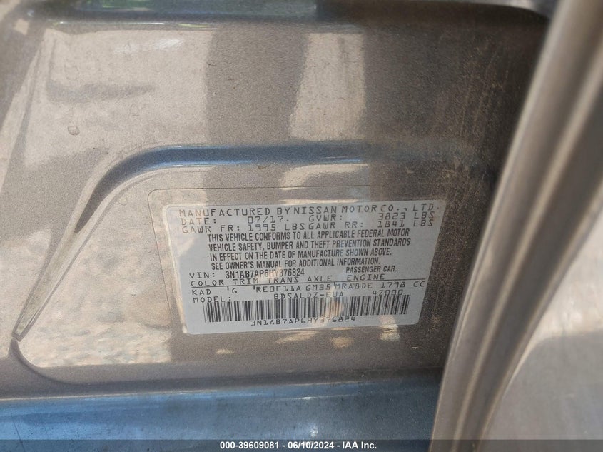 2017 Nissan Sentra Sv VIN: 3N1AB7AP6HY376824 Lot: 39609081
