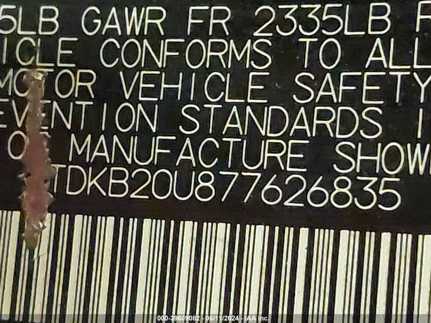 2007 Toyota Prius VIN: JTDKB20U877626835 Lot: 39609082