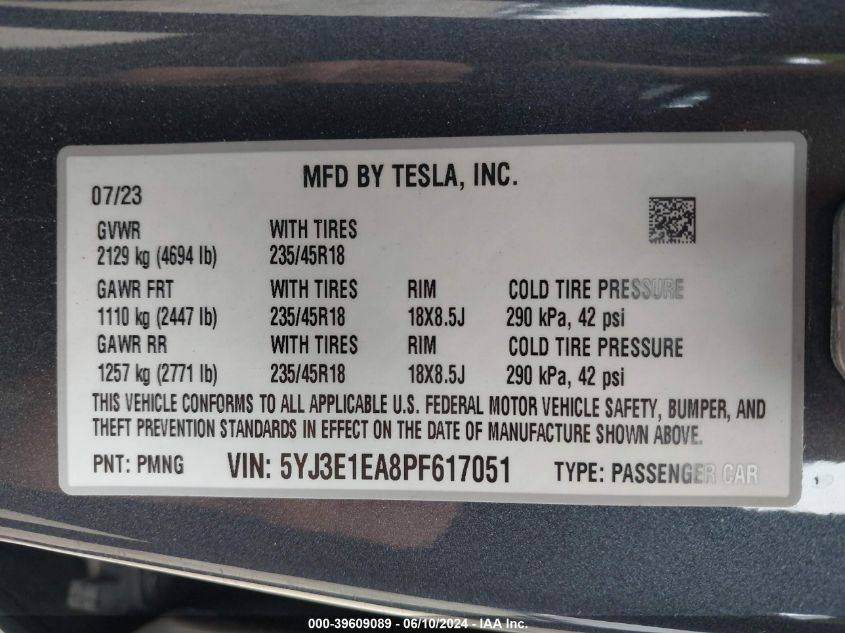 2023 Tesla Model 3 Rear-Wheel Drive VIN: 5YJ3E1EA8PF617051 Lot: 39609089