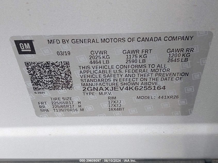 2019 Chevrolet Equinox Lt VIN: 2GNAXJEV4K6255164 Lot: 39609097