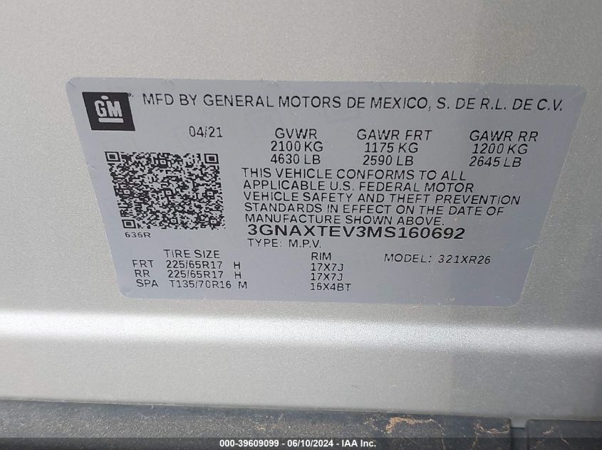 2021 Chevrolet Equinox Awd 2Fl VIN: 3GNAXTEV3MS160692 Lot: 39609099