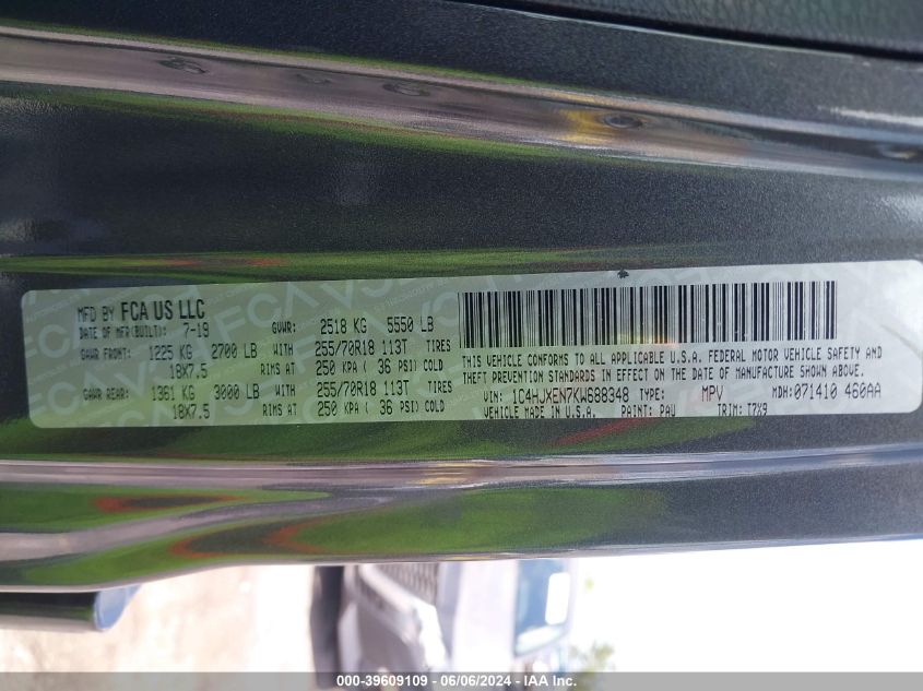 2019 Jeep Wrangler Unlimited Sahara 4X4 VIN: 1C4HJXEN7KW688348 Lot: 39609109