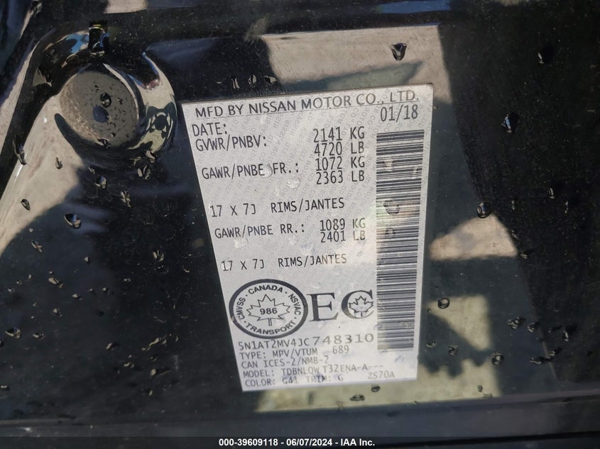 2018 Nissan Rogue S/Sl/Sv VIN: 5N1AT2MV4JC748310 Lot: 39609118
