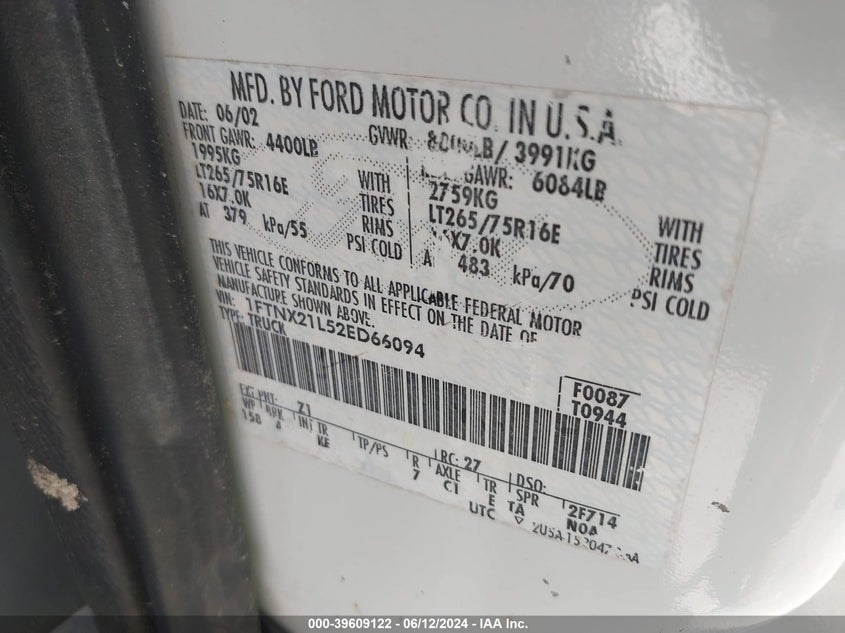 2002 Ford F-250 Lariat/Xl/Xlt VIN: 1FTNX21L52ED66094 Lot: 39609122