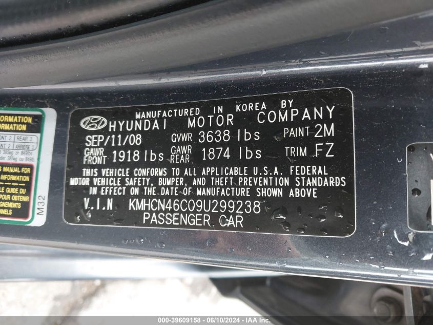 2009 Hyundai Accent Gls VIN: KMHCN46C09U299238 Lot: 39609158