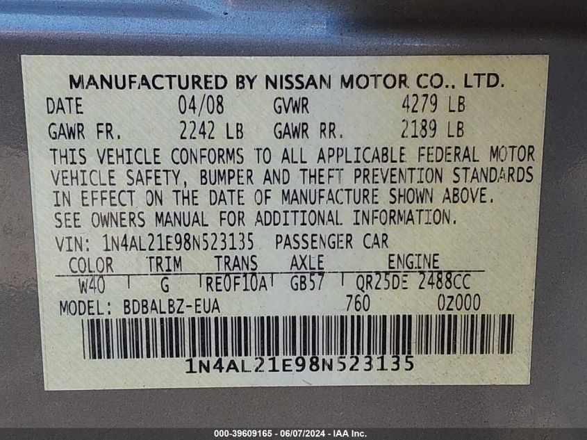 2008 Nissan Altima 2.5 S VIN: 1N4AL21E98N523135 Lot: 39609165