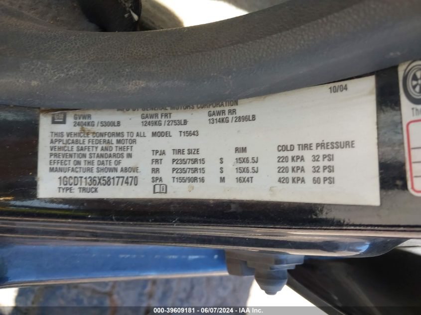 2005 Chevrolet Colorado Ls VIN: 1GCDT136X58177470 Lot: 39609181