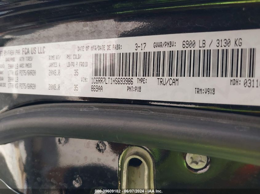 2017 Ram 1500 Slt VIN: 1C6RR7LT1HS693986 Lot: 39609182