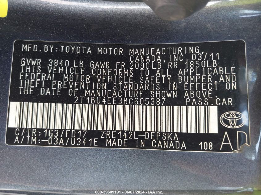 2011 Toyota Corolla S VIN: 2T1BU4EE3BC605387 Lot: 39609191