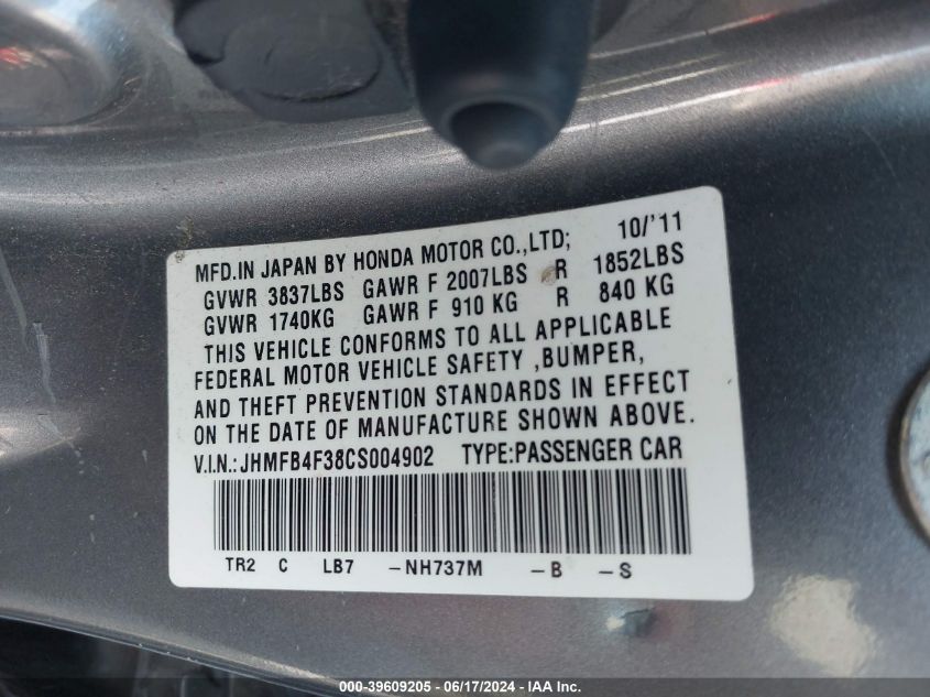 2012 Honda Civic Hybrid VIN: JHMFB4F38CS004902 Lot: 39609205