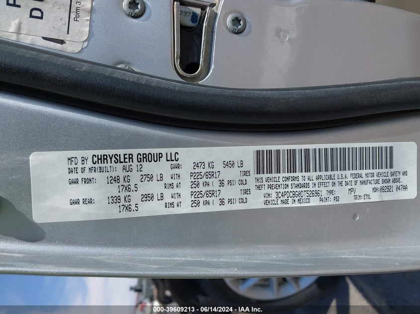 2013 Dodge Journey Sxt VIN: 3C4PDCBG0DT526961 Lot: 39609213