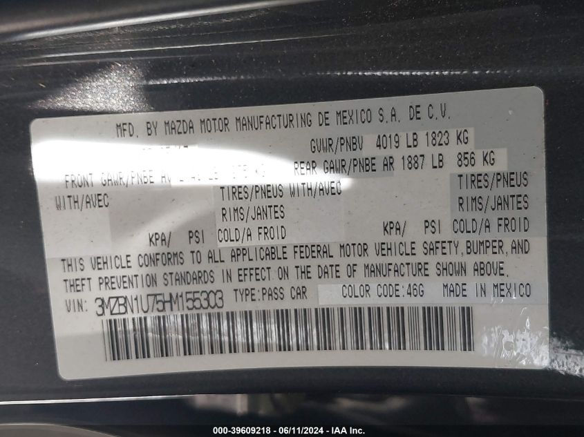 2017 Mazda Mazda3 Sport VIN: 3MZBN1U75HM155303 Lot: 39609218