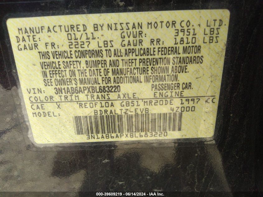 2011 Nissan Sentra 2.0S VIN: 3N1AB6APXBL683220 Lot: 39609219
