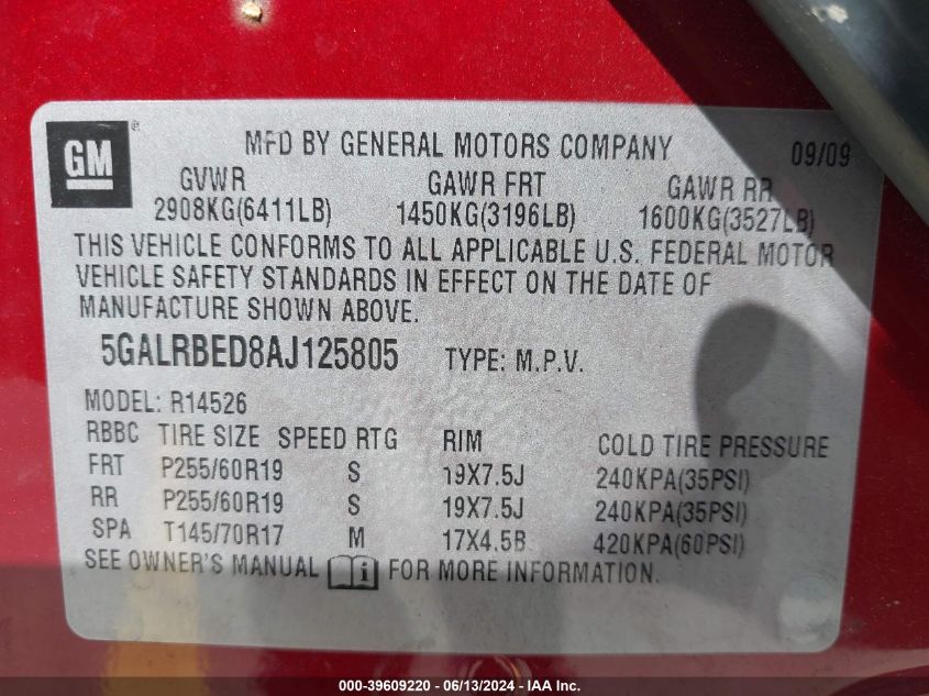 2010 Buick Enclave 1Xl VIN: 5GALRBED8AJ125805 Lot: 39609220