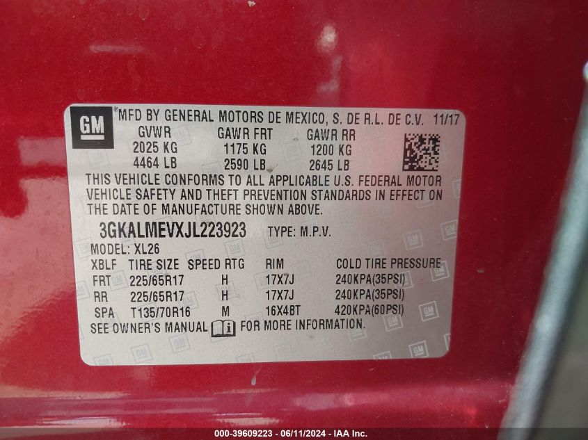 2018 GMC Terrain Sle VIN: 3GKALMEVXJL223923 Lot: 39609223