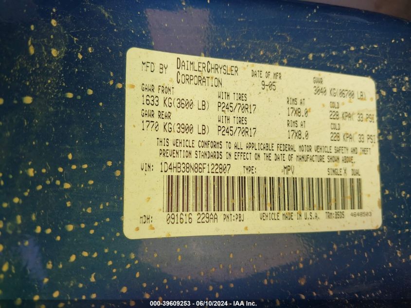 2006 Dodge Durango Sxt VIN: 1D4HB38N86F122807 Lot: 39609253