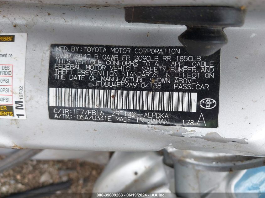 2010 Toyota Corolla S/Le/Xle VIN: JTDBU4EE2A9104138 Lot: 39609263