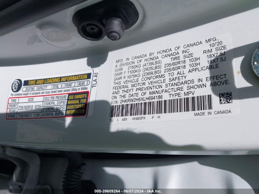 2020 Honda Cr-V Awd Ex VIN: 2HKRW2H5XLH694186 Lot: 39609264