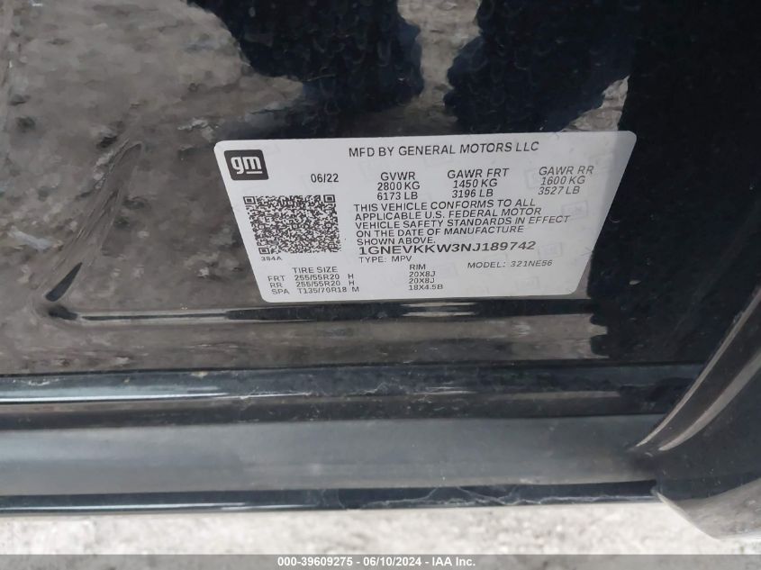 2022 Chevrolet Traverse Awd Premier VIN: 1GNEVKKW3NJ189742 Lot: 39609275