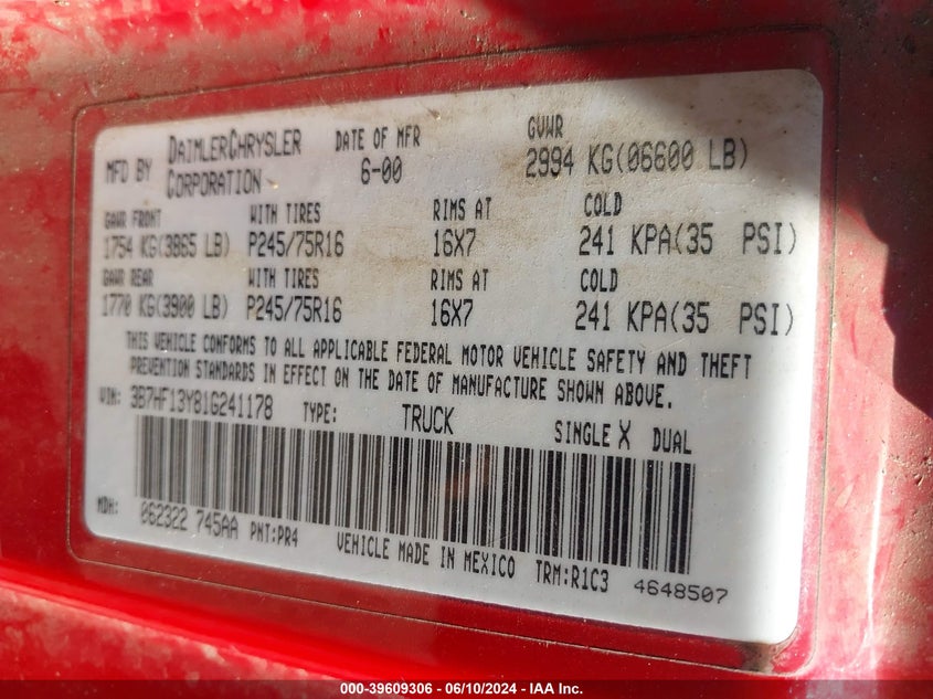 2001 Dodge Ram 1500 St VIN: 3B7HF13Y81G241178 Lot: 39609306