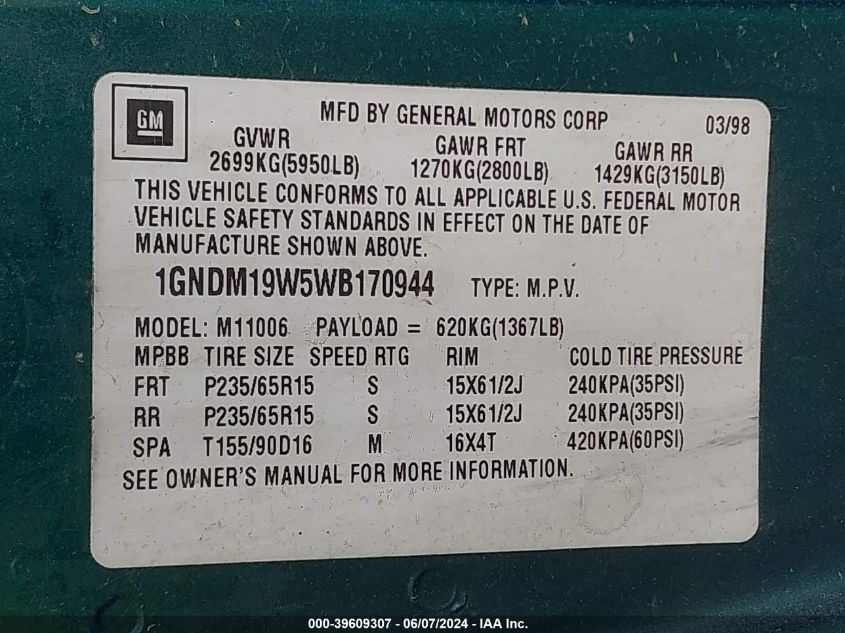1998 Chevrolet Astro VIN: 1GNDM19W5WB170944 Lot: 39609307