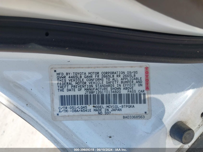 1996 Lexus Es 300 VIN: JT8BF12G1T0134820 Lot: 39609318