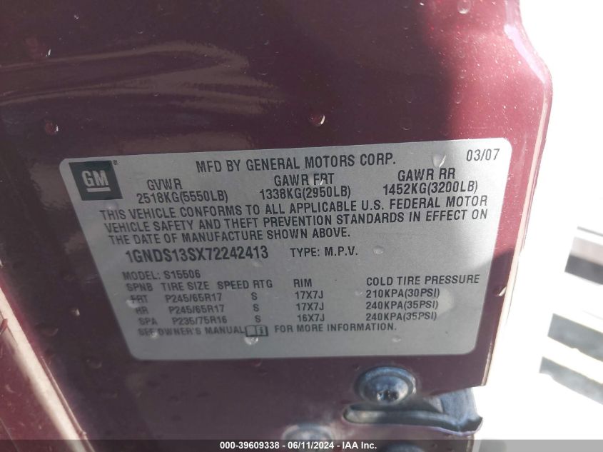 2007 Chevrolet Trailblazer Ls VIN: 1GNDS13SX72242413 Lot: 39609338