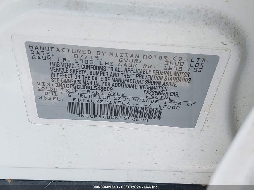 2019 Nissan Kicks S VIN: 3N1CP5CU0KL548609 Lot: 39609340