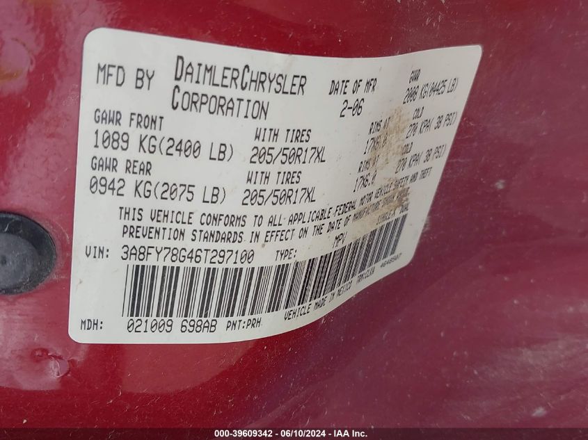 2006 Chrysler Pt Cruiser Gt VIN: 3A8FY78G46T297100 Lot: 39609342