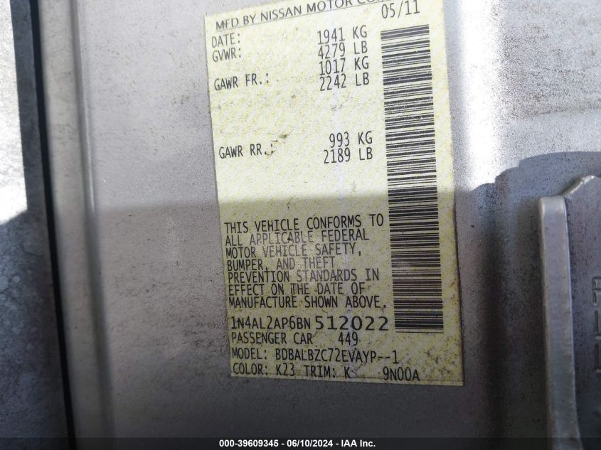 2011 Nissan Altima 2.5 S VIN: 1N4AL2AP6BN512022 Lot: 39609345