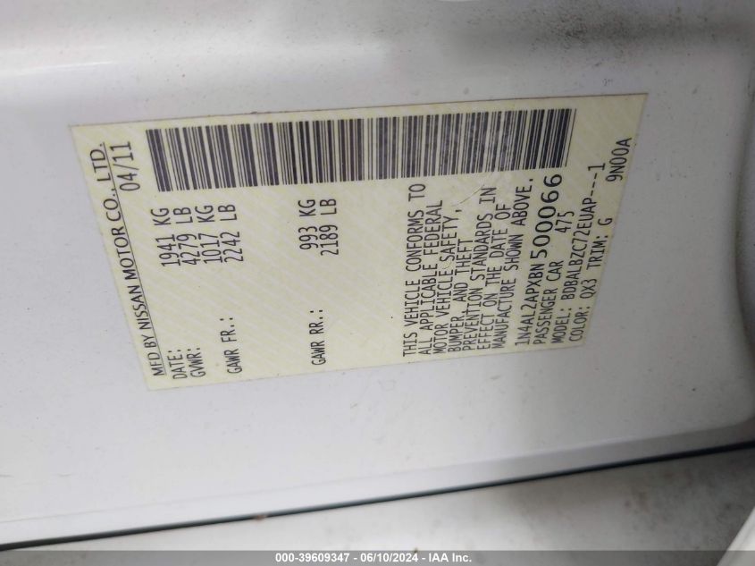 2011 Nissan Altima 2.5 S VIN: 1N4AL2APXBN500066 Lot: 39609347