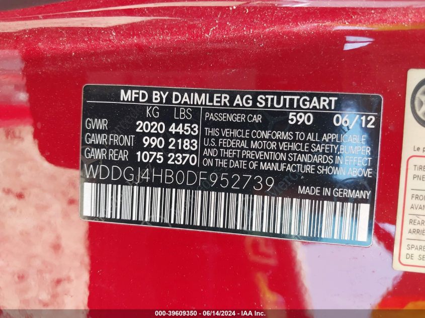 2013 Mercedes-Benz C 250 VIN: WDDGJ4HB0DF952739 Lot: 39609350