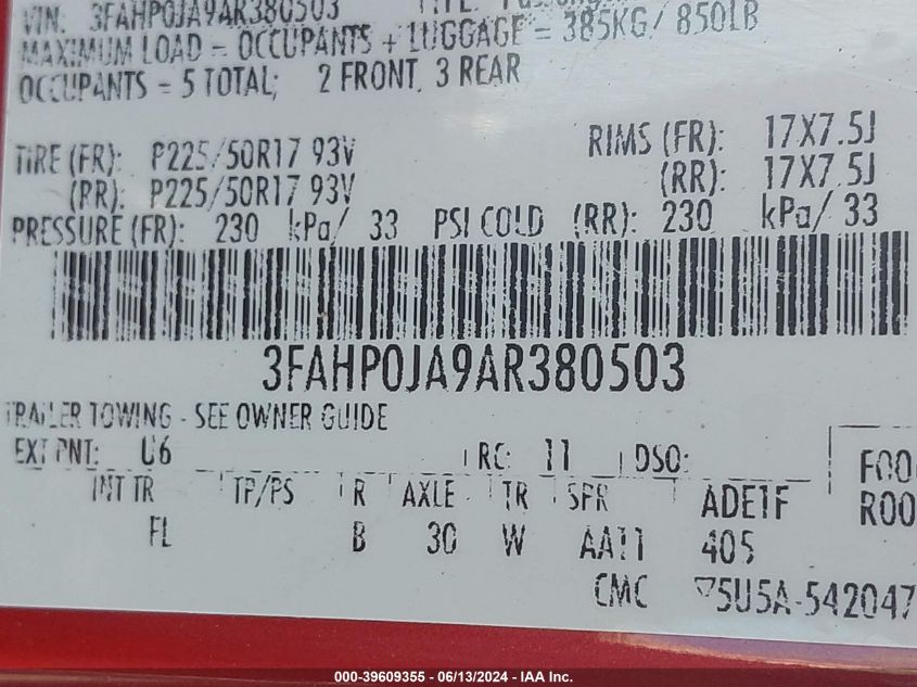 2010 Ford Fusion Sel VIN: 3FAHP0JA9AR380503 Lot: 39609355