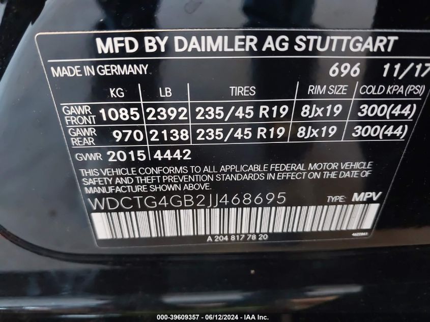 2018 Mercedes-Benz Gla 250 4Matic VIN: WDCTG4GB2JJ468695 Lot: 39609357