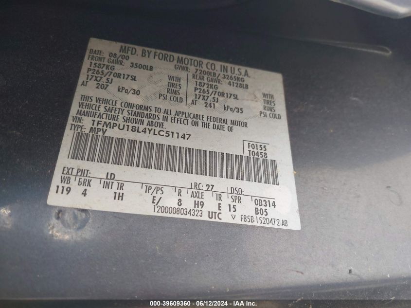 2000 Ford Expedition Eddie Bauer VIN: 1FMPU18L4YLC51147 Lot: 39609360