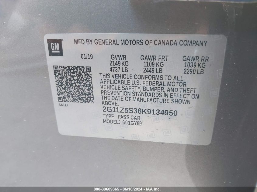 2019 Chevrolet Impala Lt VIN: 2G11Z5S36K9134950 Lot: 39609365